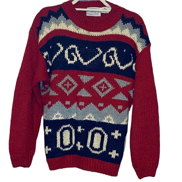 Lindsay Gray Essentials KNIT CREW NECK SWEATER Red Blue White EUC Medium VINTAGE - Picture 3 of 9